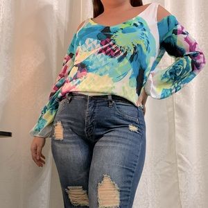 Rose Geometric Print Worthington Cold Shoulder Top